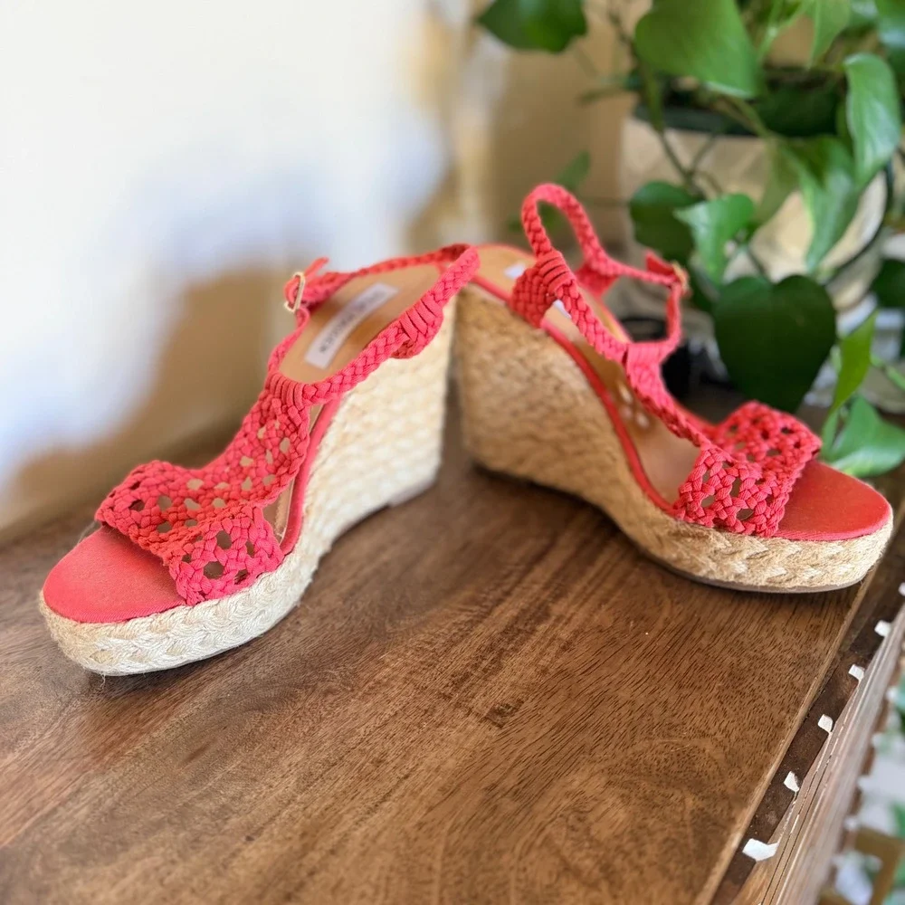 Steve Madden Manngo Wedge Sandal Womens 8 Coral Red Macrame Espadrille Boho Heel